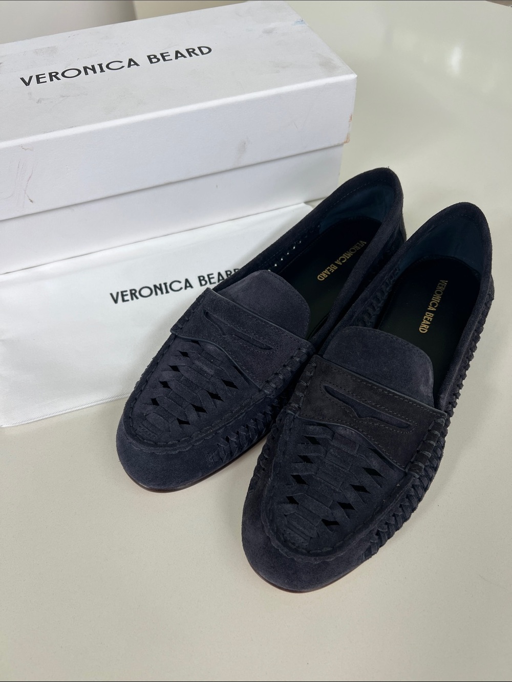 Veronica Beard penny woven blue suede loafers 8